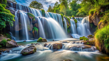 Fototapeta premium A waterfall captured with a long exposure, creating a silky water effect