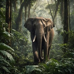 Fototapeta premium Gentle Giant Elephant in the Jungle: A massive elephant calmly walking through a lush rainforest, its trunk reaching up to pluck leaves from the tall trees, with smaller animals darting around.