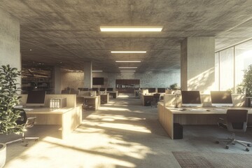 Sunlit modern office interior with concrete ceiling and wooden desks.