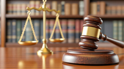 Judicial Gavel and Scales of Justice in Law Library Setting