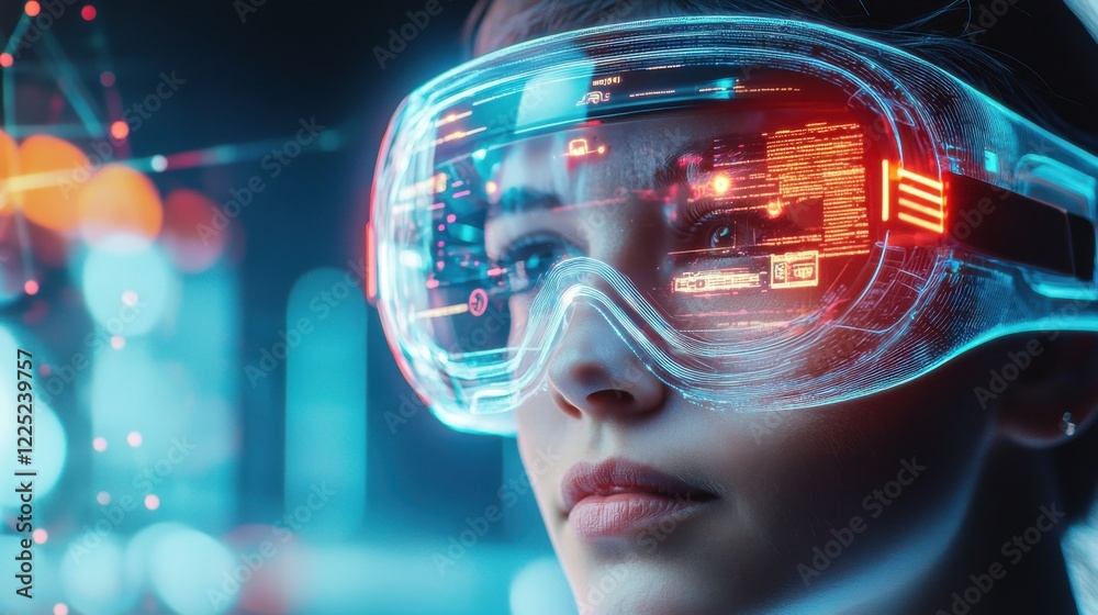 Poster futuristic virtual reality goggles displaying innovative data analytics on digital interface