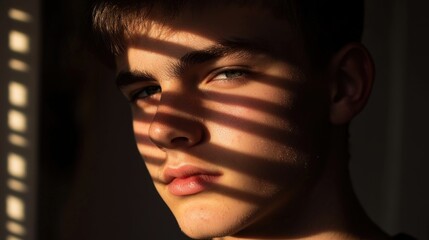 Teen boy's portrait, sunlit face, blinds shadows.