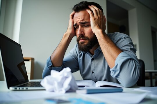 A Frustrated Man Holds His Head in Dispair While Working at His Laptop in a Modern Office Environment Surrounded by Crumpled Papers