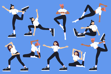 Set with women practice fitness exercises. Pilates, stretching, yoga workouts. Modern vector illustrations.