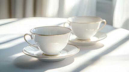 Two elegant white teacups with gold rims on saucers, sitting on a white table in sunlight.