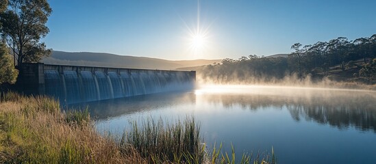 Serene Sunrise at the Dam: Misty Lake and Majestic Mountains