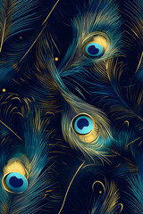 Intricate patterns of peacock feathers displayed on a deep blue background showcasing their vibrant colors and detailed designs