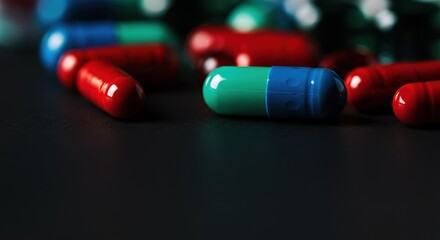 Colorful capsules scattered on a dark surface, representing health and wellness