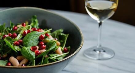Fresh salad with spinach, pomegranate, and white beans beside a glass of wine
