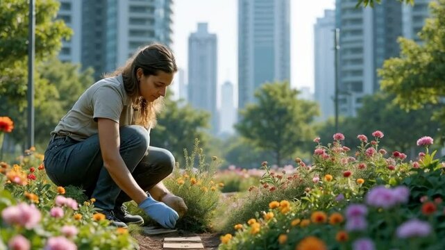 "A gardener planting flowers in a small urban garden surrounded by high-rise buildings."
