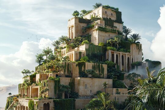 Majestic ancient ziggurat surrounded by lush vegetation under a bright sky, evoking a sense of wonder