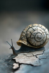Struggling snail makes its slow journey across cracked terrain under the weight of its shell