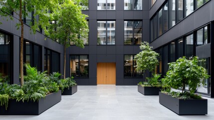 Fototapeta premium Lush green plants in black planters decorate the modern courtyard of a dark office building during daytime.