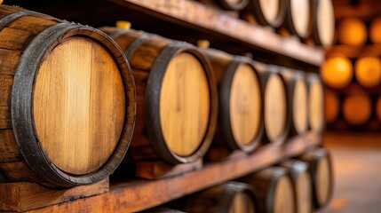 Wooden barrels stacked in a storage facility, showcasing craftsmanship and aging process, creating a warm and inviting atmosphere.