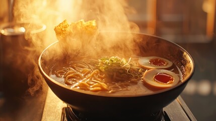 Steaming hot ramen bowl with broth, noodles, egg, and toppings.