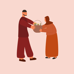 Muslims giving gifts in Ramadan Kareem, in the form of food parcels for charity