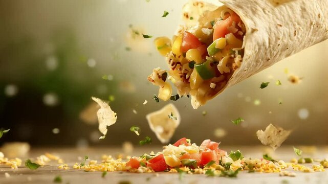 Scene of buritos falling in a pile, smooth repeating motion for background video animation
