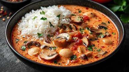 Fototapeta premium Creamy mushroom soup with rice, herbs, dark background. Food photography for recipe blogs