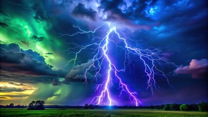 Electric blue lightning bolt illuminating a darkened stormy sky at dusk with vibrant purple and green hues surrounding it, green accents, electrical discharge