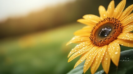 Obraz premium Bright and vibrant sunflower with dew drops under soft morning light in a lush green field representing summer beauty and nature's splendor. Flower and natural macro background concept.