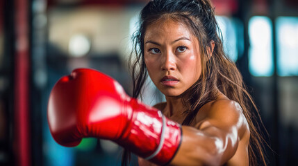 A determined female boxer practices her punch, showcasing strength and focus in a vibrant training environment.