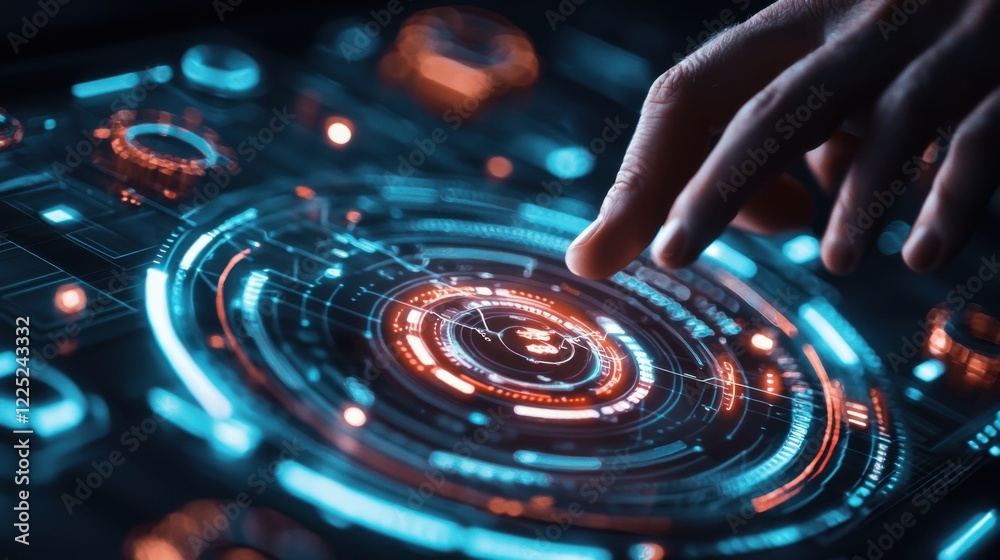 Poster futuristic digital interface with hologram data visualization and cybernetic network elements for hi