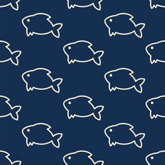 Fototapeta premium Fishes simple vector seamless pattern. Ivory minimalist stylized drawings on dark blue background.