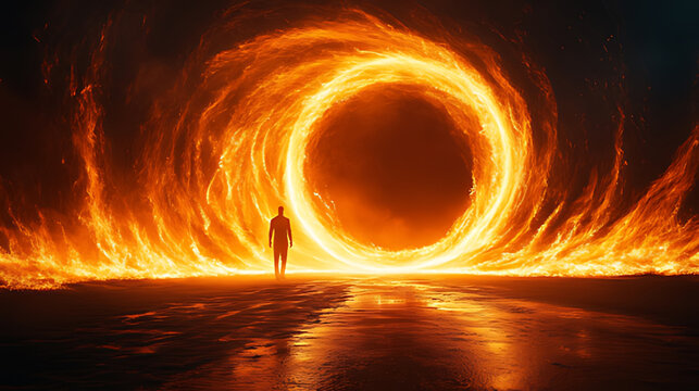 Fiery portal, man approaches, night, flames swirl, fantasy art