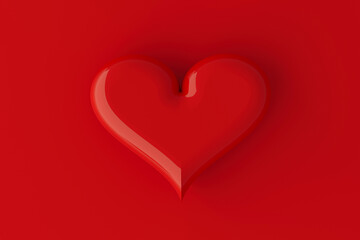 Valentine day background - red glossy balloon heart on red background. Red festive heart as symbol love. 3D illustration for advertising, design, poster, card, flyer.