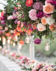 Fototapeta premium Elegant floral arrangement with hanging lights and a table setting for a special event