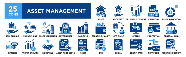 Asset Management icon collection set. Containing design Asset Management, Property Management, Self Development, Financial, Asset Allocation