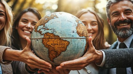Global Collaboration: A diverse group of individuals, united in their shared vision, hold a globe symbolizing their commitment to global connectivity, cooperation, and a shared future.  - Powered by Adobe
