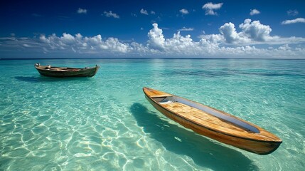 Naklejka premium A surfboard floating beside a small wooden boat in crystal-clear water. digital