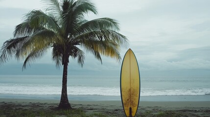 A surfboard leaning against a lone palm tree on a serene tropical beach. digital