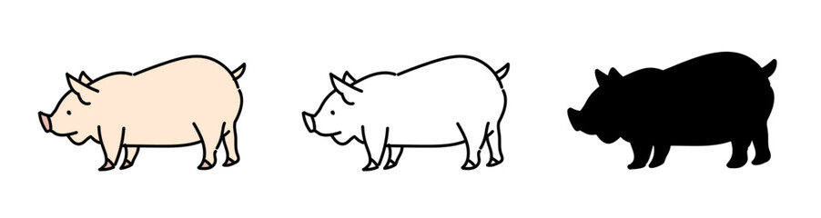 豚のベクターイラストセット。ピンク色の豚を漫画風に描いたアイコン。
