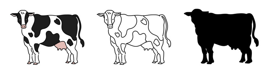 ホルスタインのベクターイラストセット。白黒模様の牛を漫画風に描いたアイコン。