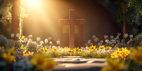 cross in the field, Springtime Bloom with Sunlit Flowers