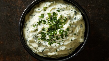 Creamy spinach dip in bowl, overhead shot. Food recipe website