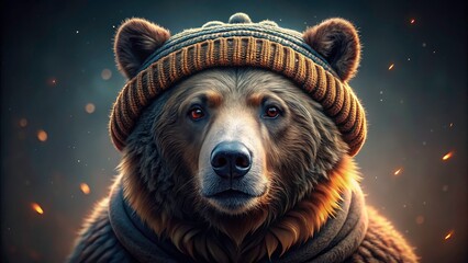 Fototapeta premium Winter's embrace: a low-light portrait of a bear in a cozy knit cap, an AI creation.