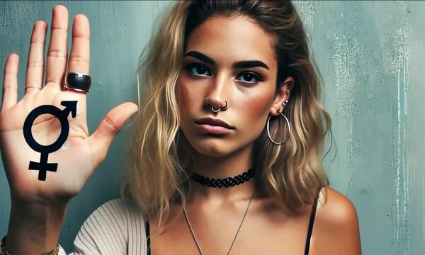 A captivating individual confidently displays the gender symbol on her palm, embodying empowerment and personal expression in an artistic urban backdrop