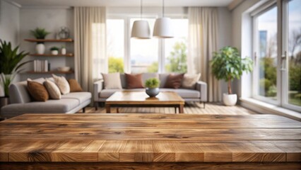 Rustic Wooden Tabletop in a Bright, Modern Living Room Setting