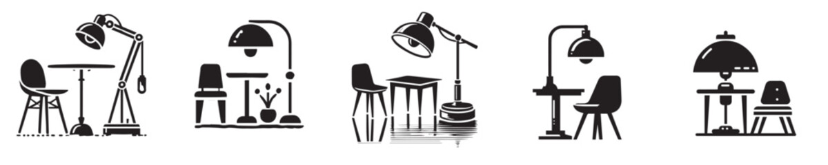 Collection of vector silhouettes of lamps and study tables
