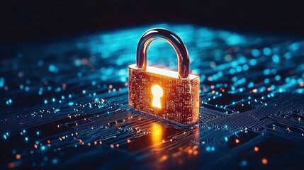 Digital lock surrounded by glowing binary data, symbolizing cybersecurity and data protection.