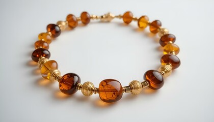 Elegant amber gemstone necklace with beads on a white background
