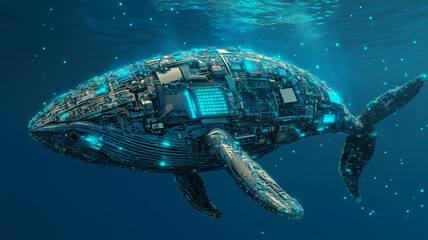 Fototapeta premium 半分が機械、半分が生物のクジラが象徴するバイオメカニクスの未来