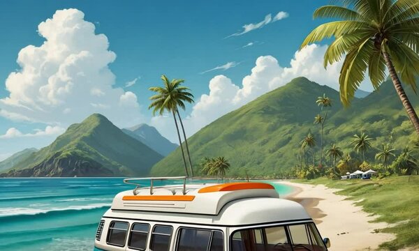 Experience the essence of a tropical paradise where a vintage van rests along pristine sands. Lush palm trees sway in the breeze, and majestic mountains rise in the background