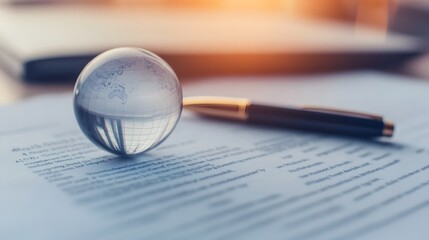 Fototapeta premium Glass Globe Placed on Formal Contract Document with Pen Nearby