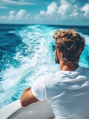 Fototapeta premium Man on boat looking at ocean wake with blue sky and clouds in background on sunny day