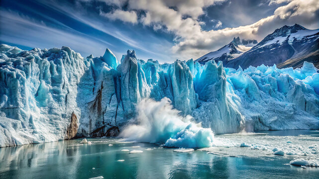 A glacier calving into the sea, with chunks of ice floating in the water