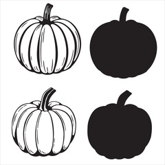 set of pumpkin illustration, outline, vector, silhouette, coloring page on white background for graphic 